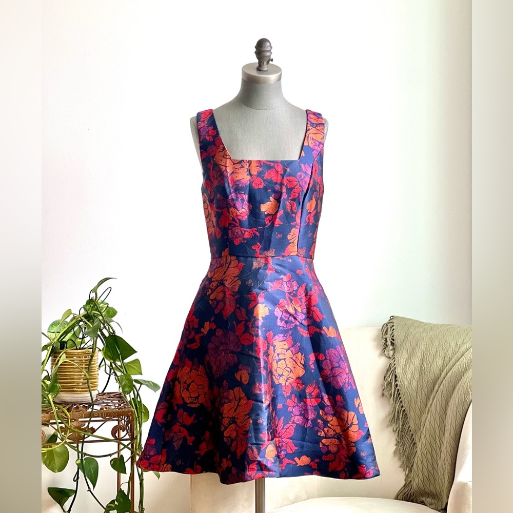 Modcloth A-Line Square Neck Sleeveless Midi Dress Navy with Orange Floral